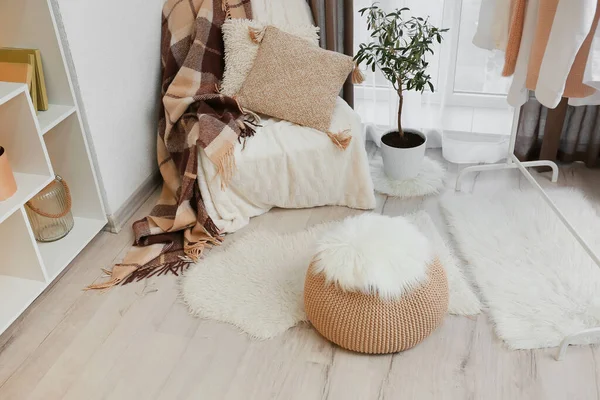 Interior Cozy Living Room Pouf Chair Clothes — Stock Photo, Image