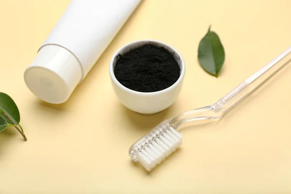 Bowl Activated Charcoal Tooth Powder Toothbrush Tube Beige Background Closeup — Stock Photo, Image