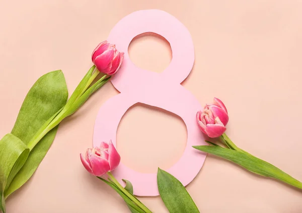 Greeting Card International Women Day Flowers Pink Background — Stock Photo, Image