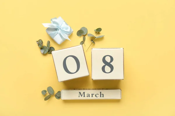 Calendar Date International Women Day Eucalyptus Branches Yellow Background — Stock Photo, Image