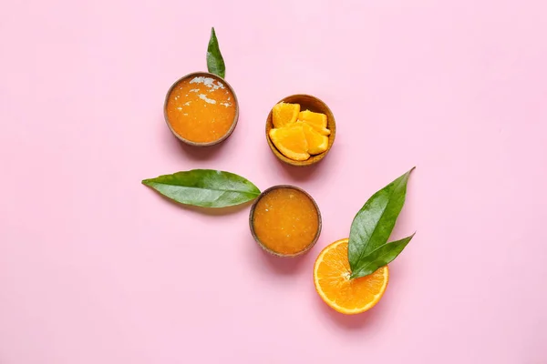 Composition Tasty Orange Jam Pink Background — Stock Photo, Image