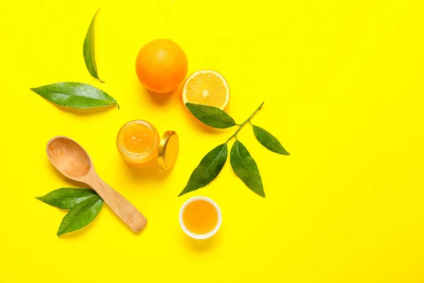 Composition Tasty Orange Jam Yellow Background — Stock Photo, Image