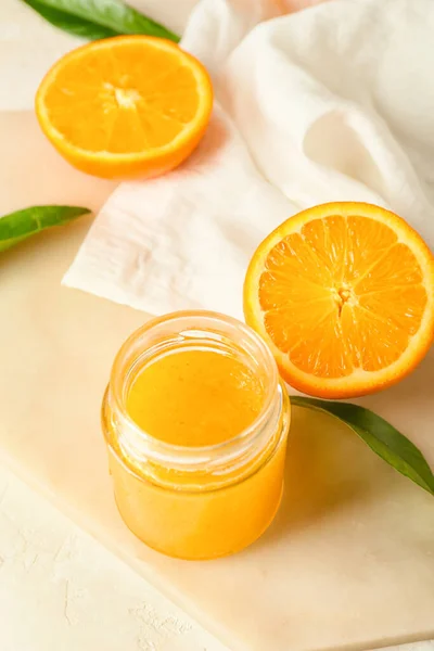 Glass Jar Tasty Orange Jam Table Closeup — Stock Photo, Image