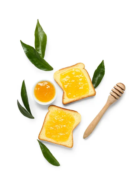 Composition Tasty Orange Jam Toasts White Background — Stock Photo, Image