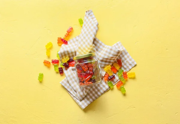 Glass Jar Sweet Jelly Bears Color Background — Stock Photo, Image