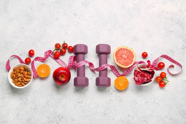 Bowls Healthy Food Dumbbells Measuring Tape Light Background Diet Concept — Stock Photo, Image