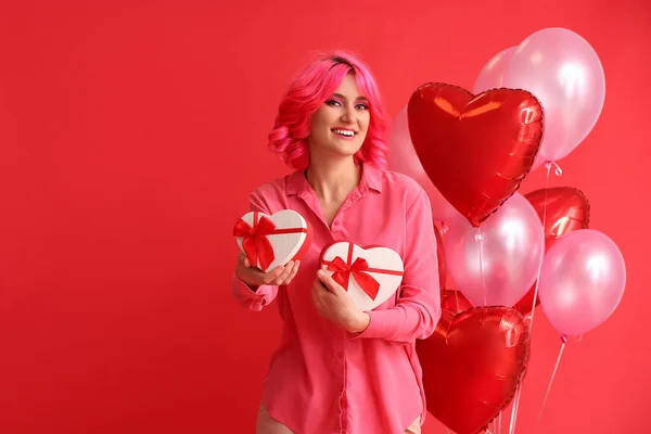 Stylish Woman Bright Hair Gifts Air Balloons Color Background Valentine — Stock Photo, Image