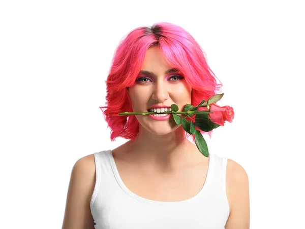 Stylish Woman Bright Hair Rose Flower Mouth White Background — Stock Photo, Image