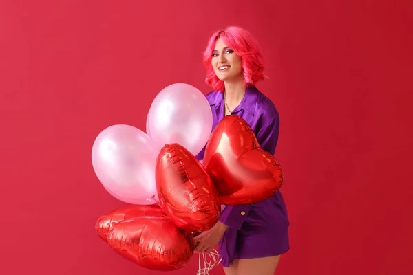 Femme Élégante Avec Des Cheveux Brillants Des Ballons Air Sur — Photo