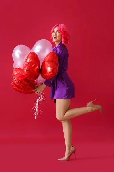 Femme Heureuse Avec Des Cheveux Brillants Des Ballons Air Sur — Photo