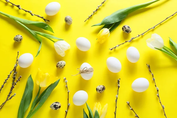 Composition Easter Eggs Flowers Yellow Background — Stock Photo, Image