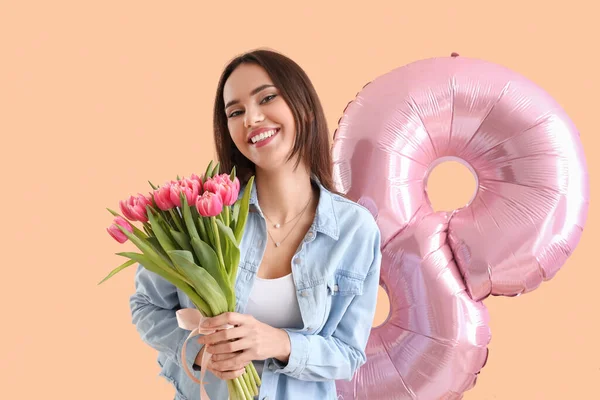 Young Woman Tulips Balloon Shape Figure Beige Background International Women — Stock Photo, Image