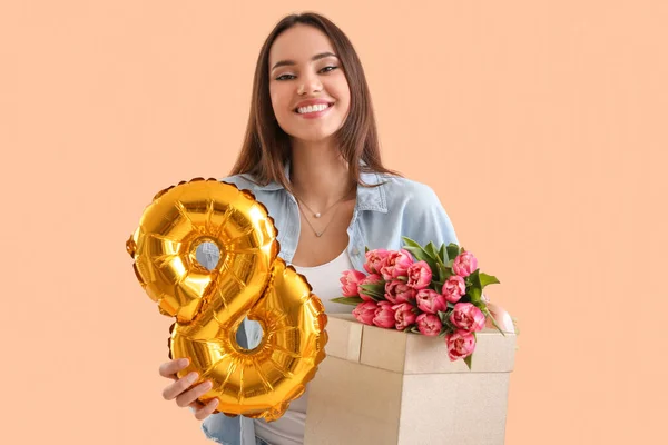 Happy Young Woman Balloon Tulips Gift Box Beige Background International — Stock Photo, Image