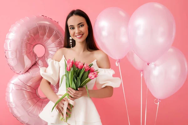 Jeune Femme Élégante Avec Des Tulipes Des Ballons Sur Fond — Photo