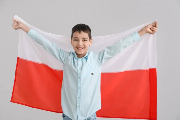 Lycklig Liten Pojke Med Flagga Polen Ljus Bakgrund — Stockfoto