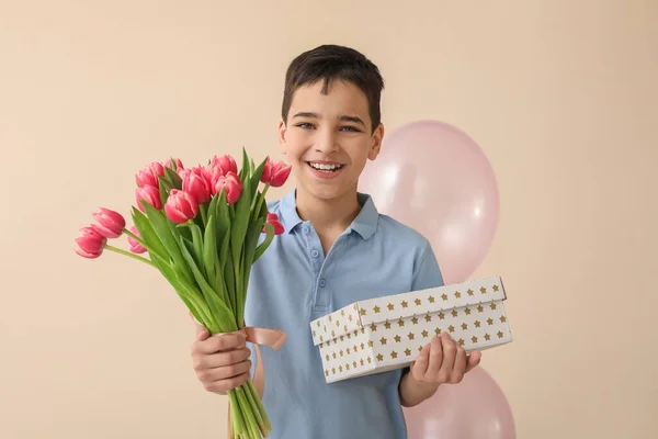 Little Boy Tulips Gift Box Balloons Beige Background International Women — Stock Photo, Image