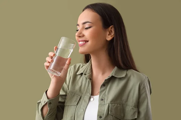 Young Woman Glass Clean Water Color Background — Stock Photo, Image