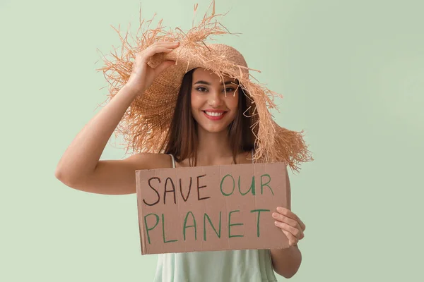 Young Woman Straw Hat Holding Cardboard Paper Text Out Planet — Stock Photo, Image