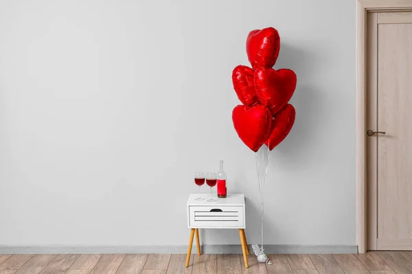 Beautiful Heart Shaped Balloons Glasses Bottle Wine Valentine Day Celebration — Stock Photo, Image