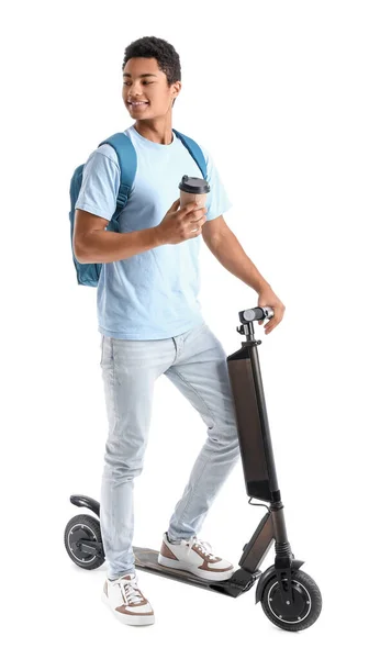 Estudiante Afroamericano Masculino Con Taza Papel Scooter Eléctrico Sobre Fondo — Foto de Stock