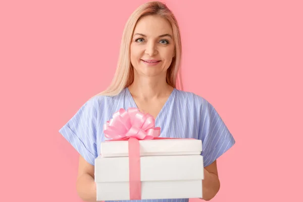 Woman Holding Stack Gift Boxes Color Background International Women Day — Stock Photo, Image
