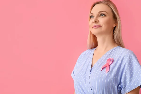 Woman Pink Awareness Ribbon Color Background Breast Cancer Awareness Concept — Stock Photo, Image