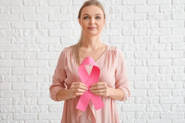 Woman Pink Awareness Ribbon White Brick Wall Background Breast Cancer — Stock Photo, Image