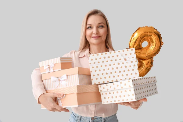 Woman Gift Boxes Light Background International Women Day Celebration — Stock Photo, Image