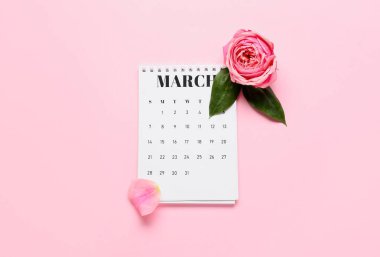 Uluslararası Kadınlar Günü kutlamaları için takvim ve çiçek pembe arka planda