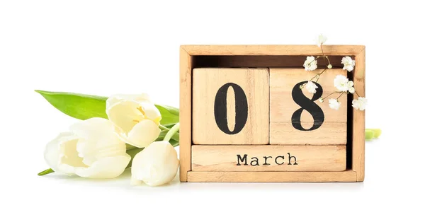Calendário Flores Para Celebração Dia Internacional Mulher Fundo Branco — Fotografia de Stock