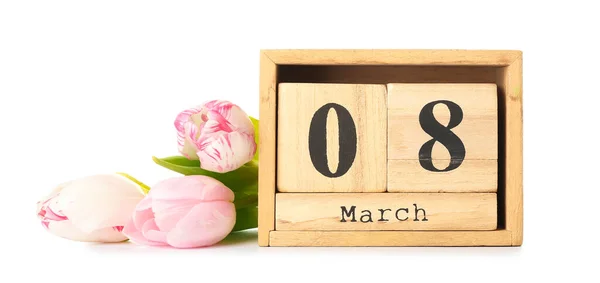 Calendário Flores Para Celebração Dia Internacional Mulher Fundo Branco — Fotografia de Stock