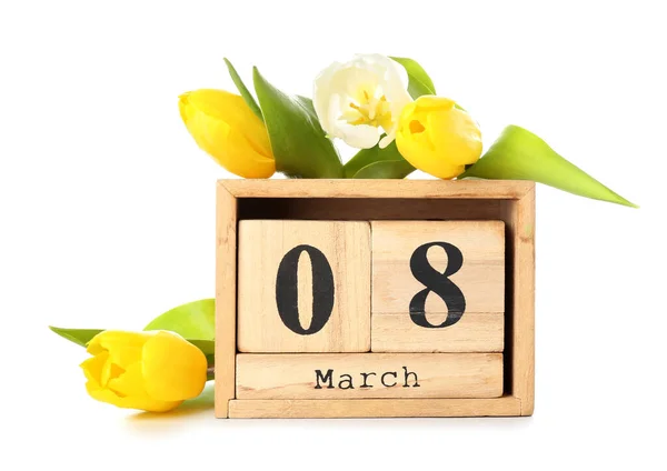 Calendario Flores Para Celebración Del Día Internacional Mujer Sobre Fondo — Foto de Stock
