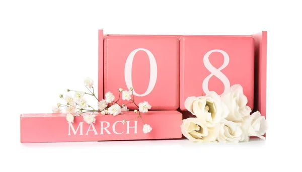 Calendrier Fleurs Pour Célébration Journée Internationale Femme Sur Fond Blanc — Photo