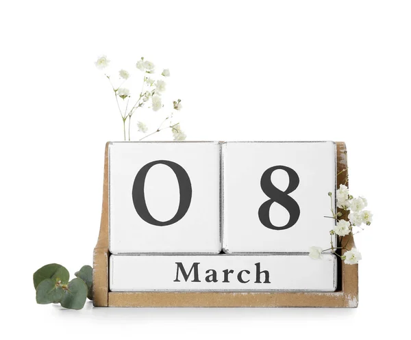 Kalendář Květiny Pro Mezinárodní Den Žen Oslavy Bílém Pozadí — Stock fotografie