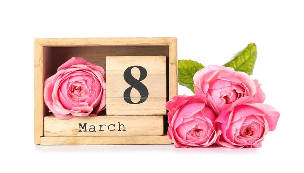 Kalendář Květiny Pro Mezinárodní Den Žen Oslavy Bílém Pozadí — Stock fotografie