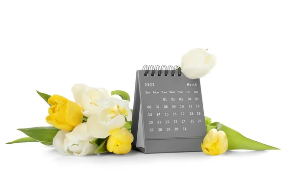 Kalender Bloemen Voor Internationale Vrouwendag Viering Witte Achtergrond — Stockfoto