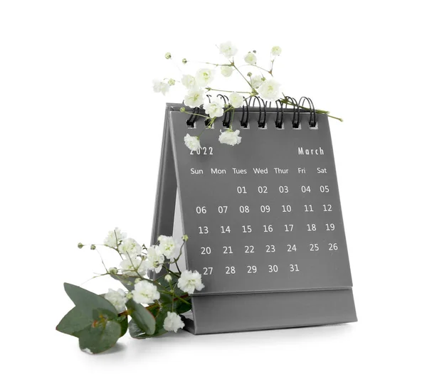 Kalender Bloemen Voor Internationale Vrouwendag Viering Witte Achtergrond — Stockfoto