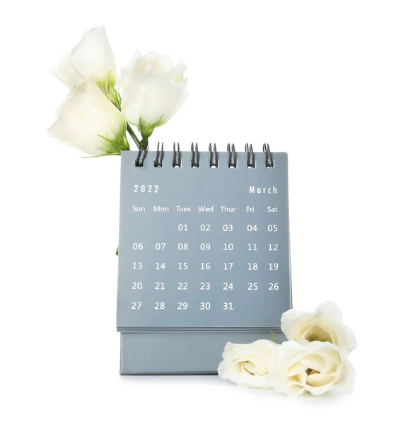 Calendario Fiori Celebrazione Della Giornata Internazionale Della Donna Sfondo Bianco — Foto Stock