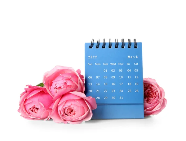 Calendario Flores Para Celebración Del Día Internacional Mujer Sobre Fondo —  Fotos de Stock