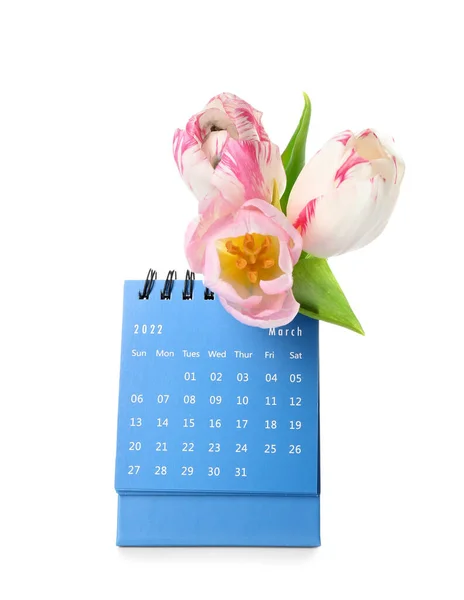 Календарь Цветы Празднованию Международного Женского Дня Белом Фоне — стоковое фото