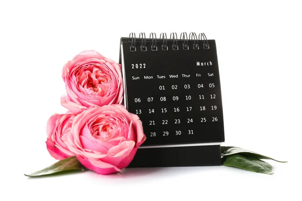Kalender Och Blommor För Internationella Kvinnodagen Firande Vit Bakgrund — Stockfoto