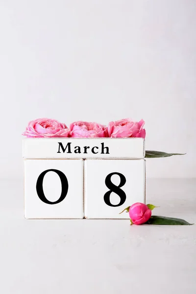 Calendar Flowers International Women Day Celebration Light Background — Stock Photo, Image