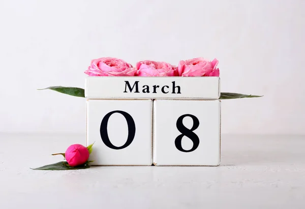 Calendario Flores Para Celebración Del Día Internacional Mujer Sobre Fondo — Foto de Stock