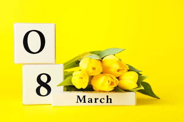 Календар Квіти Міжнародний Жіночий День Відзначання Жовтому Тлі — стокове фото