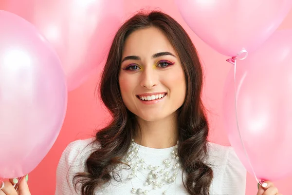 Smiling Woman Creative Makeup Air Balloons Pink Background International Women — Stock Photo, Image