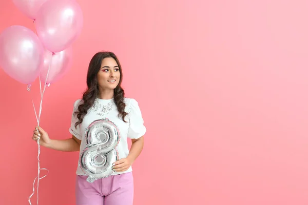 Beautiful Woman Air Balloons Looking Aside Pink Background International Women — Stock Photo, Image