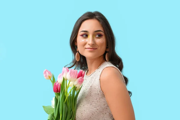 Woman Creative Makeup Bouquet Tulips Blue Background International Women Day — Stock Photo, Image