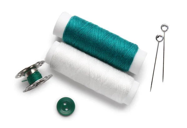 Thread Spools Button Needles White Background — Stock Photo, Image