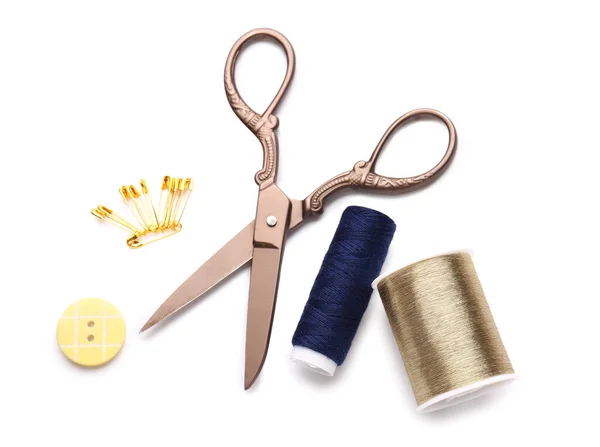 Thread Spools Scissors Button Pins White Background — Stock Photo, Image