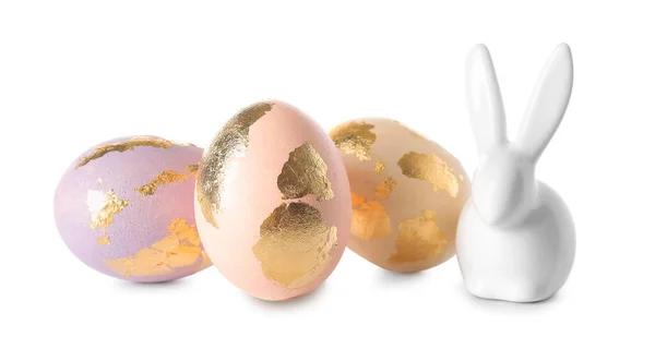 Easter Eggs Decorated Gold Foil Bunny White Background — Stock Photo, Image